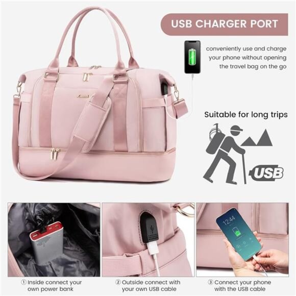 Gym Bag Travel Duffel Bag with USB Charging Port,Weekender Bags for Women - Picture 5 of 7